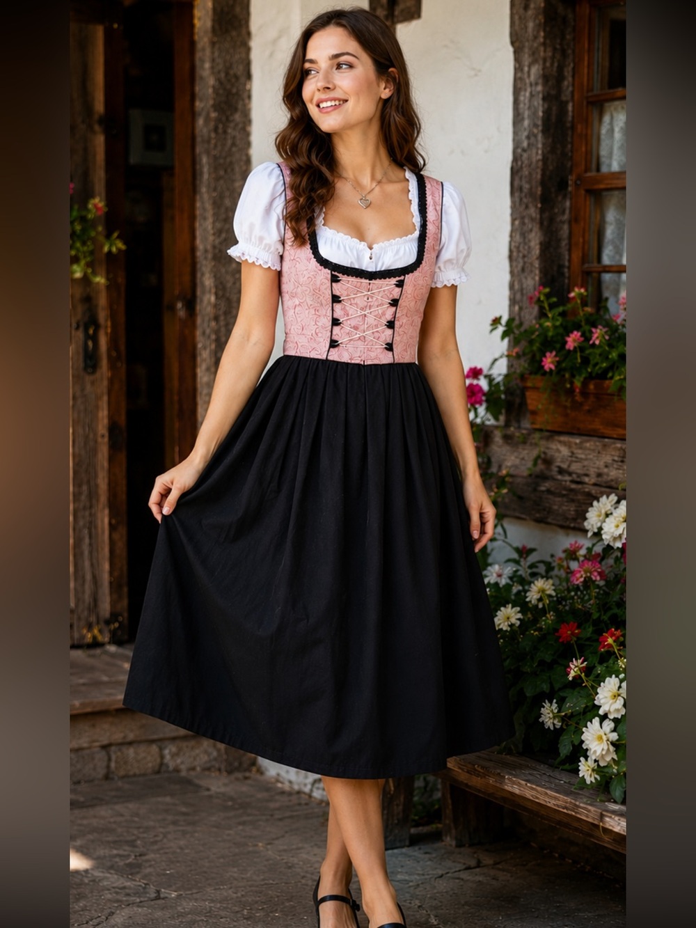 Lukäs Pink & Black Dirndl Dress w/ White Blouse EU 40 Oktoberfest Bavarian Midi
